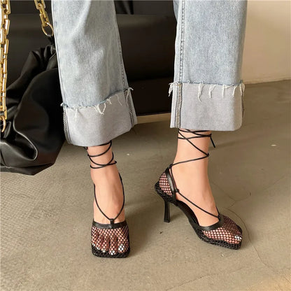 Mesh Sandals Shoes
 Female Square Toe High Heel