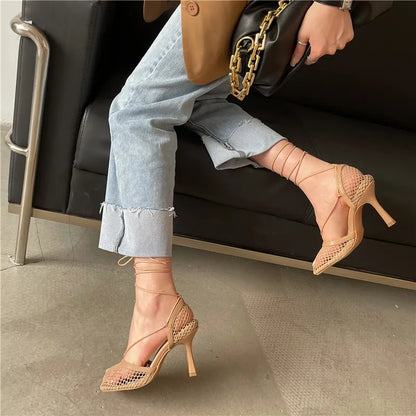 Mesh Sandals Shoes
 Female Square Toe High Heel