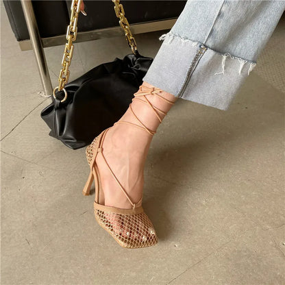 Mesh Sandals Shoes
 Female Square Toe High Heel