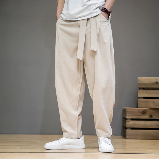 Linen Pants Men Elastic Waist Casual Harem Pant Loose Sweatpants pantalons homme