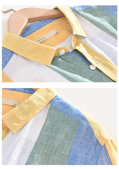 Spring and Autumn Striped Linen Shirts for Men Pure Linen Made Breathable Comfortable Long Sleeve Loose Men Clothing