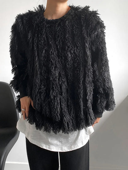 Loose Fit Black Tassels Big Size Thick Sweatshirt