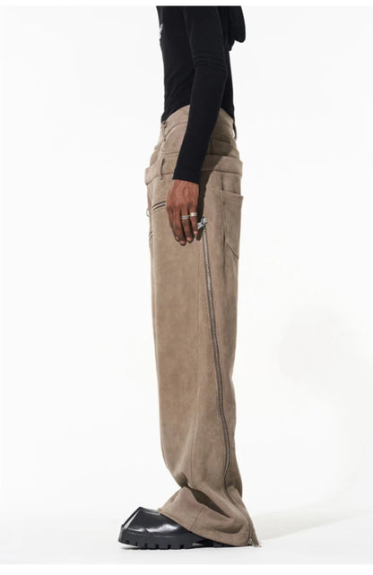 Cool  Khaki Stretchy Suede Faux Leather Pants  Luxury Designer