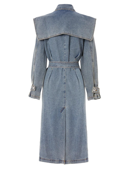 Women Blue Denim Big Size Long Trench New Lapel Long Sleeve Loose Fit Windbreaker Fashion Tide Spring Autumn