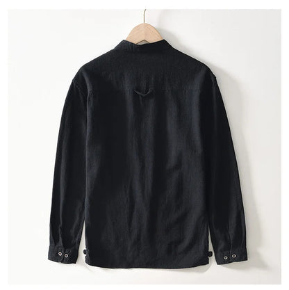 Spring Fall Chinese Style Luxury Good Quality Ramie Shirts For Men Breathable Skin Friendly Long Sleeve Stand Collar Blouse