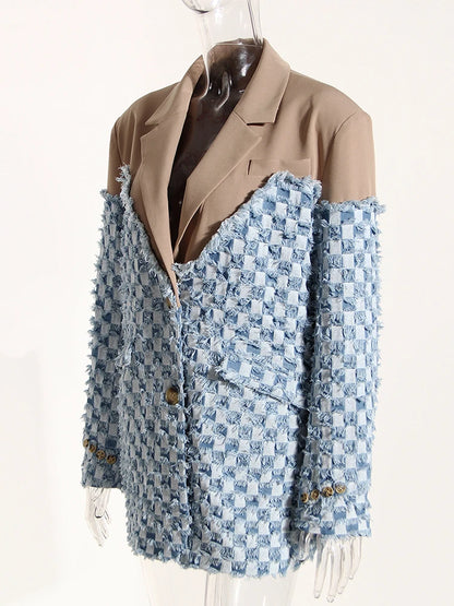 Denim Color-block Blazer New Lapel Long Sleeve Loose Fit Jacket