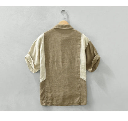 Summer New Casual Patchwork Shirt for Men Clothing Vintage Pure Linen Short Sleeve Streetwear