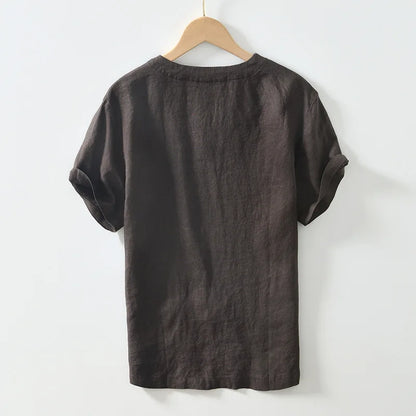 Summer New 100% Linen Short Sleeve T Shirt for Men Casual Thin Solid Color Slim Men Clothing