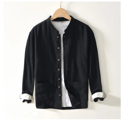Spring Fall Chinese Style Luxury Good Quality Ramie Shirts For Men Breathable Skin Friendly Long Sleeve Stand Collar Blouse