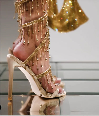 Rhinestone String Bead Ankle Strap  Heels