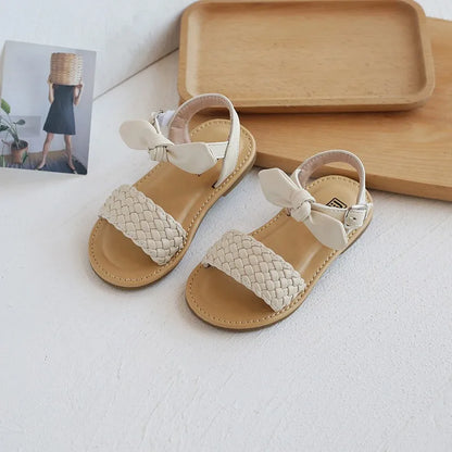 Girl Sandals Bowtie Braided Soft 21-30 Inafnt Children Sliders Bohemia Style Classic Fashion Open Toe Non-slip Kids Flats