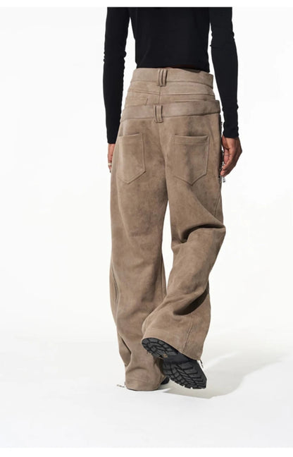 Cool  Khaki Stretchy Suede Faux Leather Pants  Luxury Designer