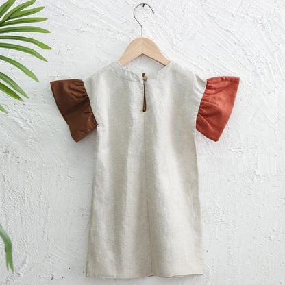 Girls Natural Linen Patchwork Dress Summer New Baby Kids Flare Sleeve Casual Cotton And Linen Dresses