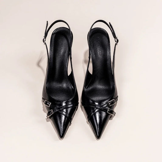 Fashionable Pointed Toe Shallow Mouth New High-heeled Shoes Summer Elegant Buckle Decorated Stiletto Black Women's Shoes NO:602