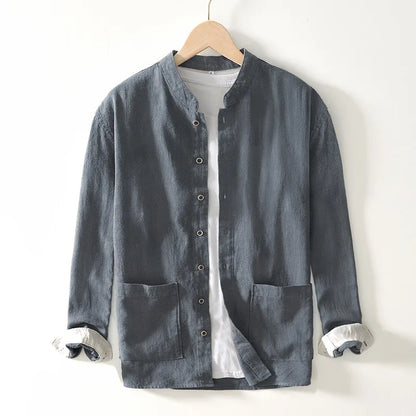 Spring Fall Chinese Style Luxury Good Quality Ramie Shirts For Men Breathable Skin Friendly Long Sleeve Stand Collar Blouse