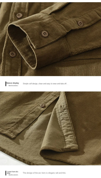 Spring Autumn New Vintage Corduroy 100% Cotton Long Sleeve Shirts for Men Clothing Solid Color Loose Soft Streetwear