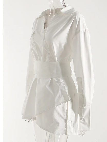 Women White Irregular Bandage Slit Shirt Dress New V-Neck Long Sleeve Loose Fit Fashion Tide Spring Autumn