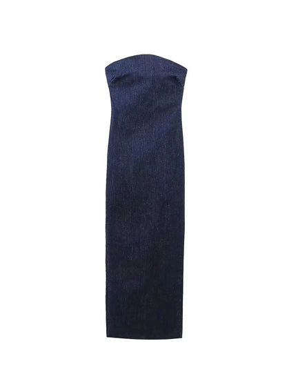 Strapless Backless Zipper Split Dress Party Blue Denim Female Long Dress for Women Summer Evening Dresses