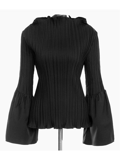 Women Black Pleated Stitch Big Size T-shirt New Round Neck Long Flare Sleeve  Fashion Tide  Spring Autumn