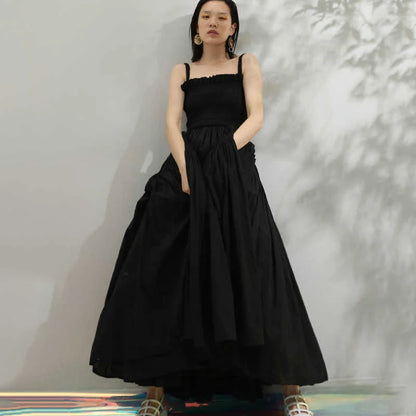 New Summer Strapless Back Hollow Out Square Pleated Slim Big Hem White Temperament Dress Women Fashion