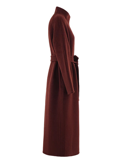 Red Belted Long Thick Woolen Coat