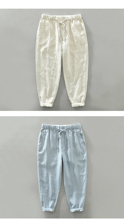 Spring Summer New Men Pure Linen Pants Breathable Cool Hemp Deawstring Fit Casual Trouser