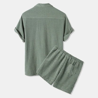 Summer Fashion Men's Set High Street Solid Color Button Short Sleeve T-Shirts and Elastic Waist Pockets Loose Straight Leg Short