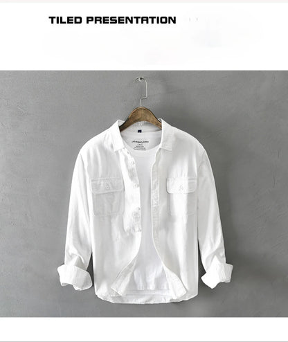 Spring and Autumn Long Sleeve Cargo White Shirts for Men Clothing Pure Cotton Retro Style Button Up Pocket  Streetwear