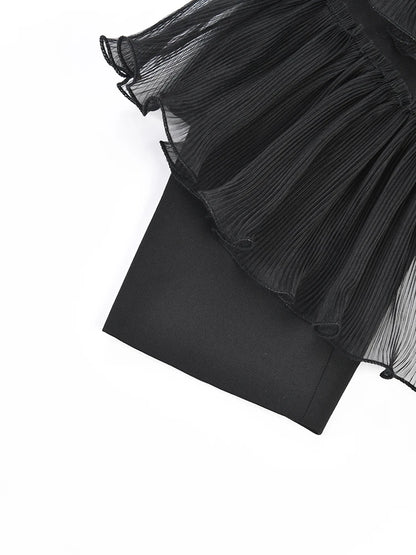 Women Black Organza Ruffles Big Size Blazer New Lapel Long Sleeve Loose Fit Jacket Fashion Spring Autumn