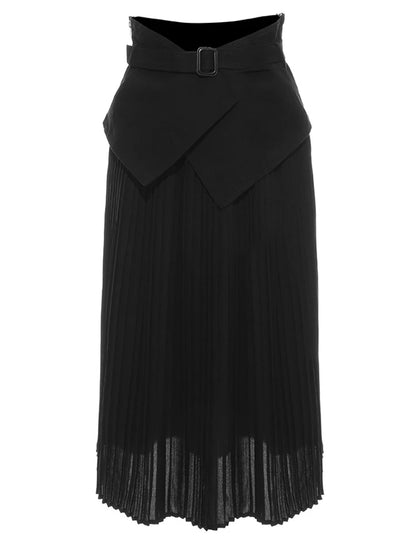 Elastic Waist Black Belted Pleated Irregular Long Half-body Skirt Women Fashion Tide New Spring Autumn