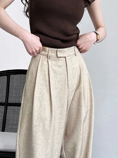 High Elastic Waist Camel Pleated Pants