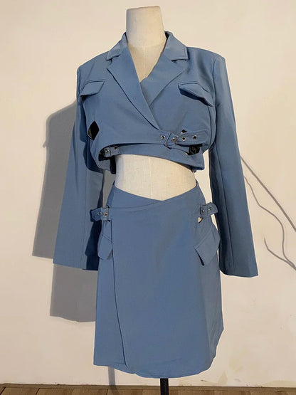 Women Blue Cross Buckle Hollow Out Blazer Dress New Lapel Long Sleeve Loose Fit Fashion Tide Spring Autumn