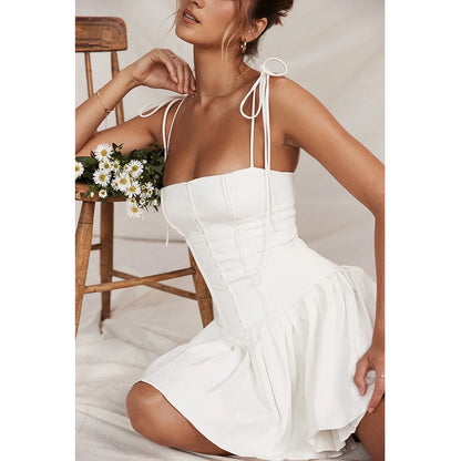 Mingmingxi Summer Dress Women Mini A Line Birthday Party Dresses Casual Holiday Vacation White Pleated Dress for Club Outfits