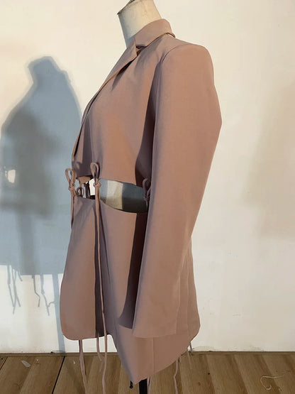 Women Khaki Bandage Hollow Out Casual Blazer New Lapel Long Sleeve Loose Fit Jacket Fashion Spring Autumn