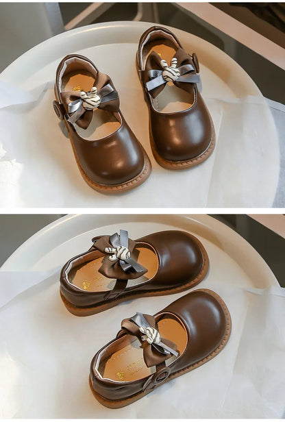 Leather Shoes Versatile Soft Round-toe Hook & Loop Bow Bunny