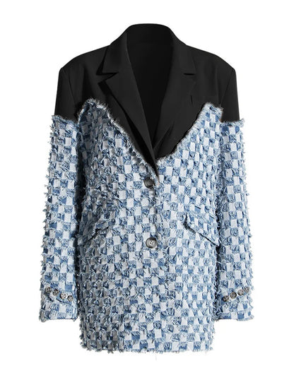 Denim Color-block Blazer New Lapel Long Sleeve Loose Fit Jacket