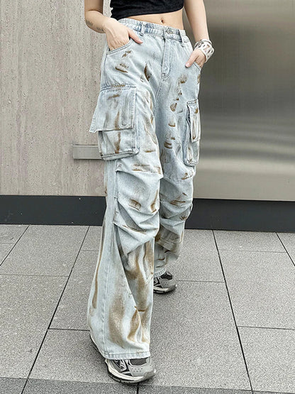 Light Blue Tie Dye Vintage Denim Wide Leg Jeans New Women Trousers Fashion