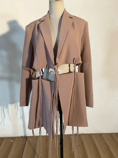 Women Khaki Bandage Hollow Out Casual Blazer New Lapel Long Sleeve Loose Fit Jacket Fashion Spring Autumn