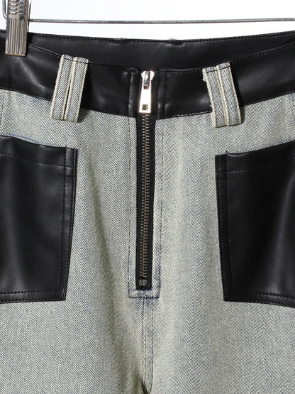 High Waist Black Color-block Leather Denim Long Wide Leg Jeans New Loose Women Trousers Fashion Spring Autumn