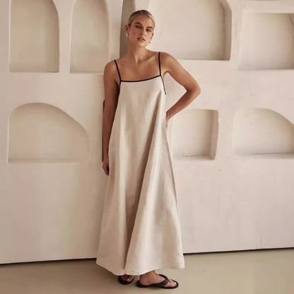 Vintage Linen Maxi Dress Sexy Straps Sleeveless Loose Long Dress Summer Fashion Bohemia Casual Dress