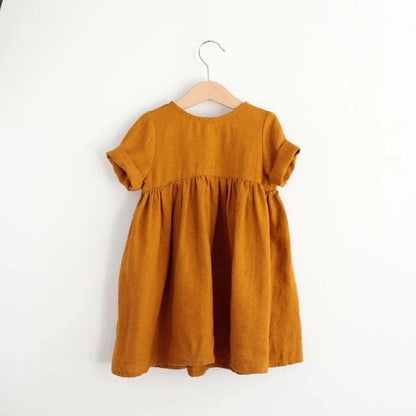 New Girls Cotton And Linen Dress Solid Color Children's Casual Short-Sleeve Pleated