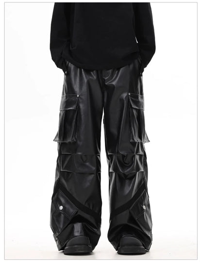 Cool Black Baggy Pu Leather Wide Leg Cargo Pants