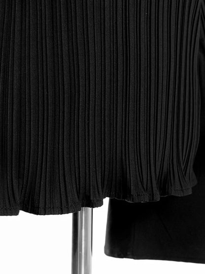 Women Black Pleated Stitch Big Size T-shirt New Round Neck Long Flare Sleeve  Fashion Tide  Spring Autumn