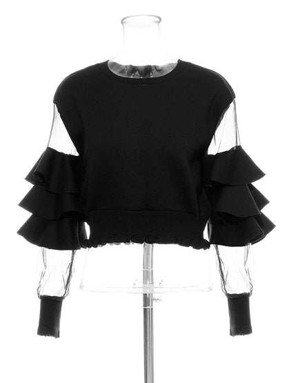 Loose Fit Green Mesh Ruffles Sweatshirt New Round Neck Long Sleeve Women Big Size