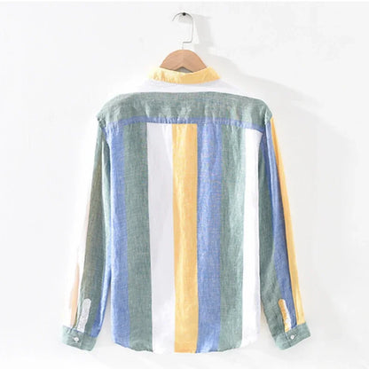 Spring and Autumn Striped Linen Shirts for Men Pure Linen Made Breathable Comfortable Long Sleeve Loose Men Clothing
