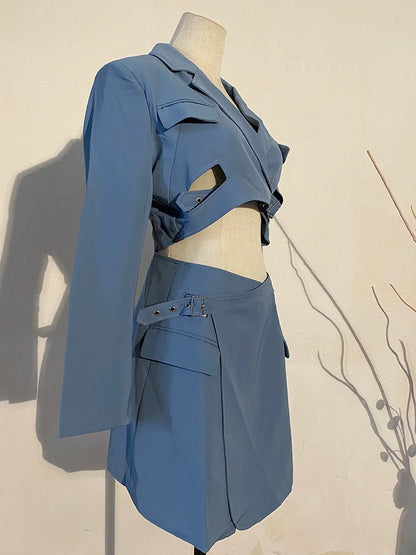 Women Blue Cross Buckle Hollow Out Blazer Dress New Lapel Long Sleeve Loose Fit Fashion Tide Spring Autumn