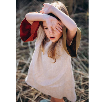 Girls Natural Linen Patchwork Dress Summer New Baby Kids Flare Sleeve Casual Cotton And Linen Dresses