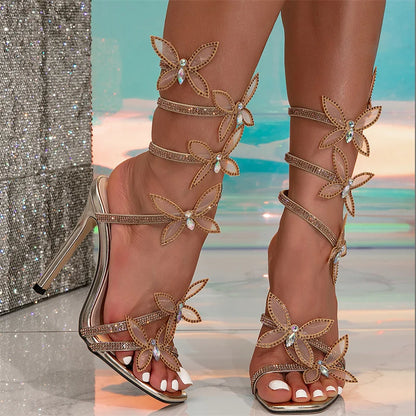 Crystal Butterfly Ankle Strap Gold Sandals