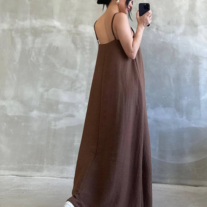 Women's O-neck High Waist Robe Dress Sexy Sleeveless Pleated Holiday Long Dress Cotton Linen Solid Summer Spaghetti Strap Dress
