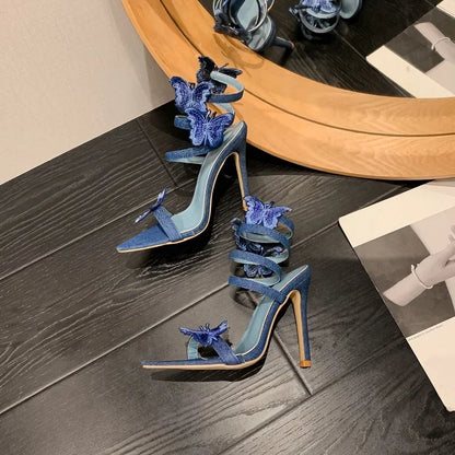 Denim Butterfly-knot Thin
 Heels Women Sandals